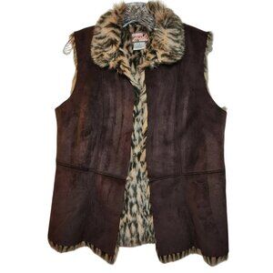 April Cornell Faux Fur Suede Vest Small Brown Leopard Lined Boho Western Style